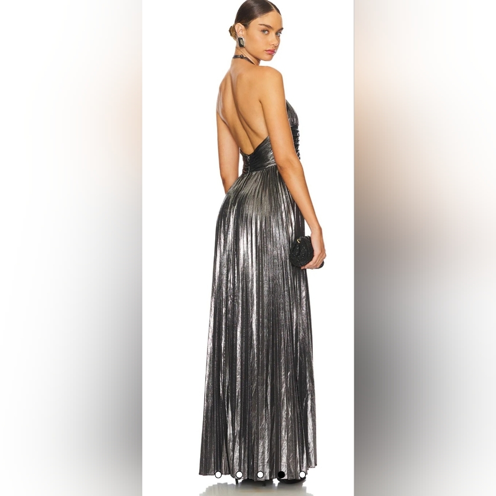 Retrofete Gunmetal Metallic Pleated Halter Gown
